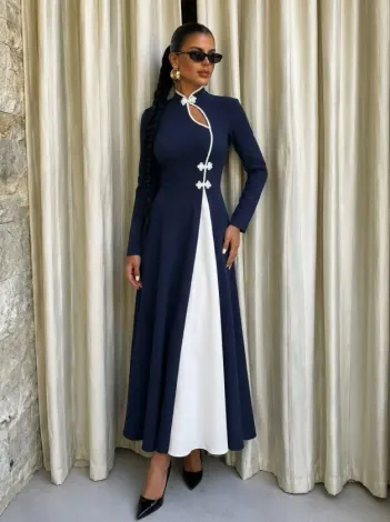 Kadın Uzun Kollu Hakim Yaka Detaylı Damlalı çift Renkli Uzun Janjan Krep Elbise - 2XL-3XL - Lacivert