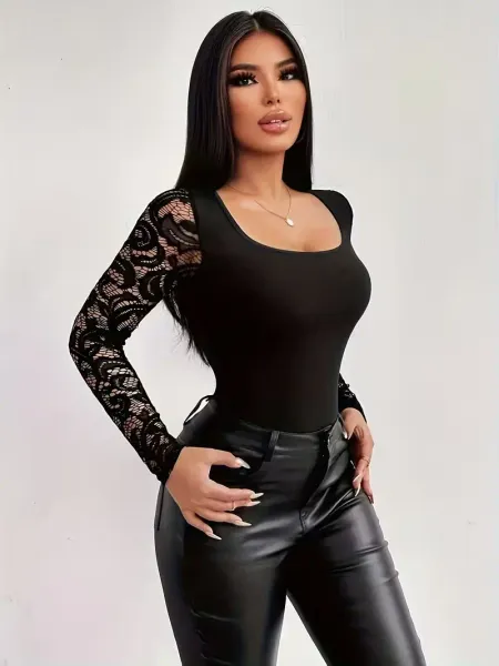 Kadın Uzun Kollu Kare Yakalı Dantelli Viskon Bluz - 2XL-3XL - Siyah