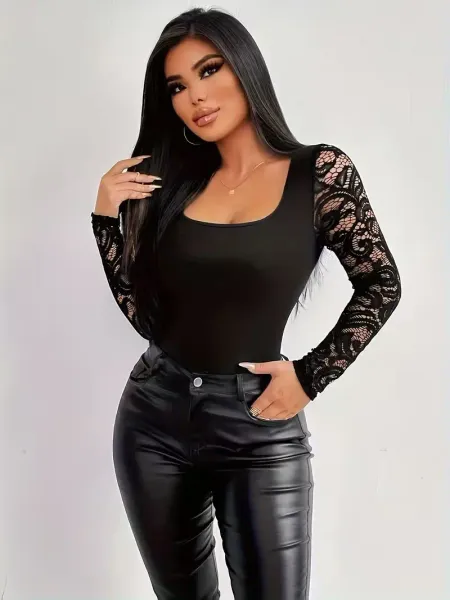 Kadın Uzun Kollu Kare Yakalı Dantelli Viskon Bluz - L-XL - Siyah