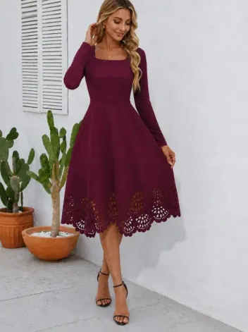 Kadın Uzun Kollu Kare Yakalı Etek Ucu Lazer çiçek Kesim Detaylı Midi Ithal Krep Elbise - 2XL-3XL - Bordo