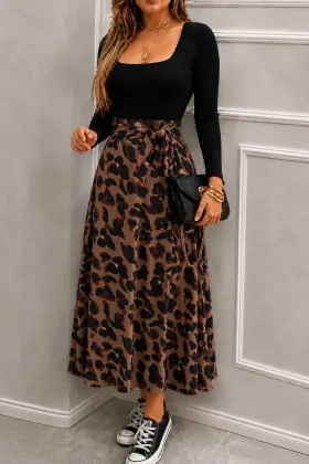 Kadın Uzun Kollu Kare Yakalı Viskon Eteği Desenli Süprem Belden Kuşaklı Uzun Elbise - 2XL-3XL - Leopar