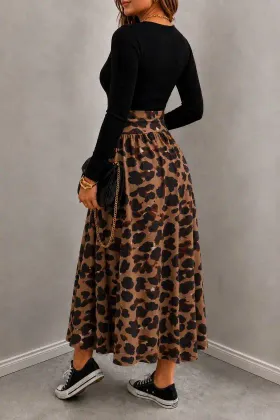 Kadın Uzun Kollu Kare Yakalı Viskon Eteği Desenli Süprem Belden Kuşaklı Uzun Elbise - 2XL-3XL - Leopar