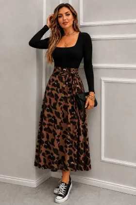 Kadın Uzun Kollu Kare Yakalı Viskon Eteği Desenli Süprem Belden Kuşaklı Uzun Elbise - 2XL-3XL - Leopar