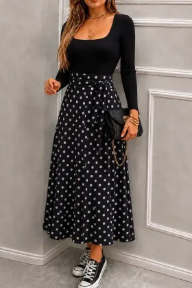 Kadın Uzun Kollu Kare Yakalı Viskon Eteği Desenli Süprem Belden Kuşaklı Uzun Elbise - L-XL - Desenli