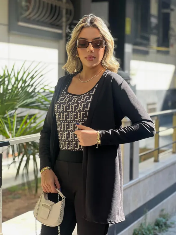 Kadın Uzun Kollu Krep üçlü Takım - L-XL - Siyah