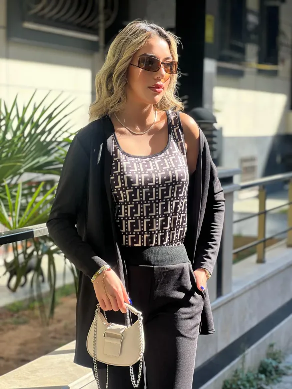 Kadın Uzun Kollu Krep üçlü Takım - L-XL - Siyah