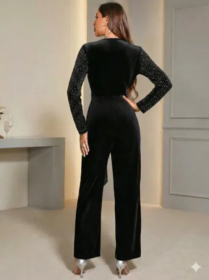 Kadın Uzun Kollu Kruvaze Yakalı Belden Kuşaklı ışıltılı Kadife Tulum - 2XL-3XL - Siyah