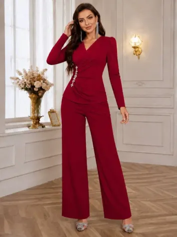 Kadın Uzun Kollu Kruvaze Yakalı Yan Tarafı Taşlı Ithal Krep Bluz Ve Pantolon Ikili Takım - 2XL-3XL - Kırmızı