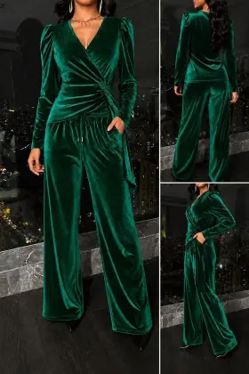 Kadın Uzun Kollu Kruvaze Yakalı Yandan Büzgülü Fular Detaylı Kadife Bluz Ve Cepli Pantolon Ikili Takım - 2XL-3XL - Yeşil