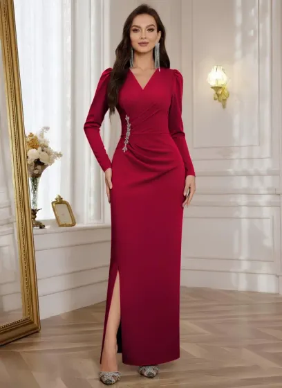 Kadın Uzun Kollu Kruvaze Yakalı Yanları Taşlı Yırtmaçlı Uzun Ithal Krep Elbise - 2XL-3XL - Kırmızı