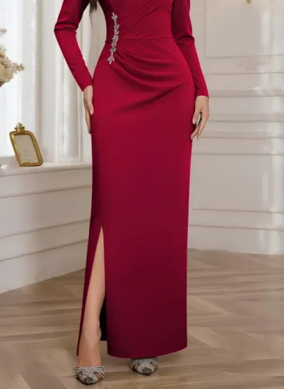 Kadın Uzun Kollu Kruvaze Yakalı Yanları Taşlı Yırtmaçlı Uzun Ithal Krep Elbise - 2XL-3XL - Kırmızı