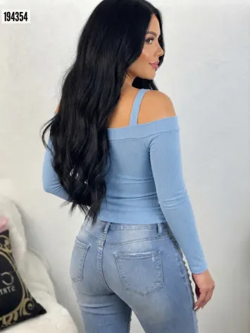 Kadın Uzun Kollu Madonna Yaka Askılı Krop Kaşkorse Bluz - 2XL-3XL - Mavi