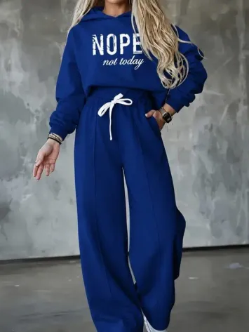 Kadın Uzun Kollu Nope Baskılı Beli Ribanalı Ikili Takım - L-XL - Lacivert