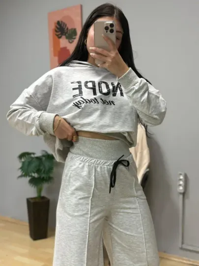 Kadın Uzun Kollu Nope Baskılı Beli Ribanalı Ikili Takım - L-XL - Gri