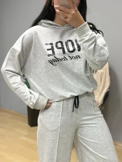Kadın Uzun Kollu Nope Baskılı Beli Ribanalı Ikili Takım - L-XL - Gri