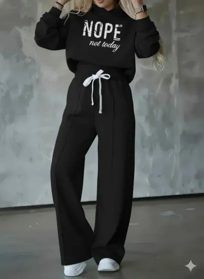 Kadın Uzun Kollu Nope Baskılı Beli Ribanalı Ikili Takım - L-XL - Siyah