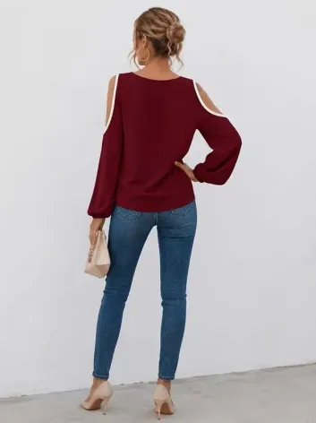 Kadın Uzun Kollu Omuzlardan Açık Asimetrık Yaka Detaylı çift Renkli Janjan Krep Bluz - 2XL-3XL - Bordo