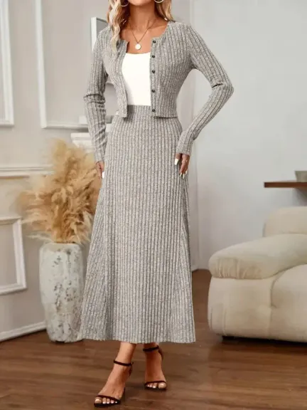 Kadın Uzun Kollu önden Düğmeli Bluz Ve Yüksek Bel A Kesim Uzun Etek şardonlu Kaşkorse Ikili Takım - 2XL-3XL - Gri