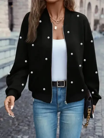 Kadın Uzun Kollu önden Fermuarlı Incili Kısa Modal Ceket - L-XL - Siyah