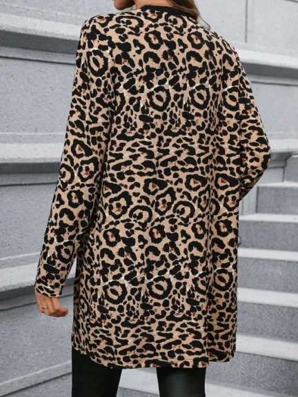 Kadın Uzun Kollu önü Açık Leopar Desenli Modal Ceket