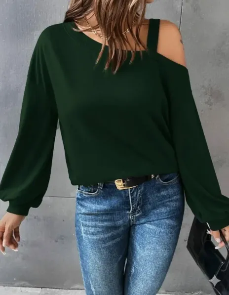 Kadın Uzun Kollu Tek Omuz Askı Detay Salaş Viskon Iki Iplik Bluz - L-XL - Zümrüt