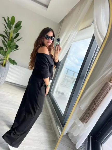 Kadın Uzun Kollu Tek Omuzdan Açık Modal Bluz Ve Pantolon Ikili Takım - S-M - Siyah