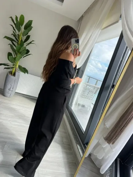 Kadın Uzun Kollu Tek Omuzdan Açık Modal Bluz Ve Pantolon Ikili Takım - S-M - Siyah