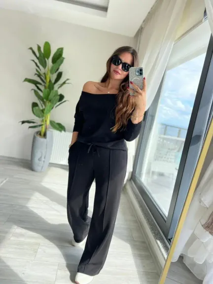 Kadın Uzun Kollu Tek Omuzdan Açık Modal Bluz Ve Pantolon Ikili Takım - 2XL-3XL - Siyah