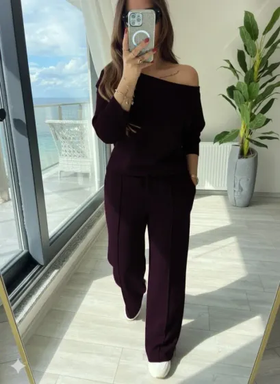 Kadın Uzun Kollu Tek Omuzdan Açık Modal Bluz Ve Pantolon Ikili Mürdüm Takım - 2XL-3XL - Mürdüm