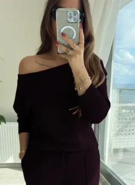 Kadın Uzun Kollu Tek Omuzdan Açık Modal Bluz Ve Pantolon Ikili Mürdüm Takım - 2XL-3XL - Mürdüm