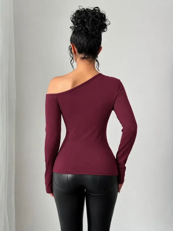 Kadın Uzun Kollu Tek Omuzdan Açık Taslı Ve Tul Detaylı Dalgıç Bluz - 2XL-3XL - Bordo