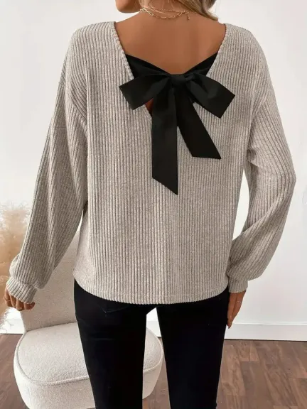 Kadın Uzun Kollu V Yakalı Arkadan Kurdela Detaylı şardonlu Kaşkorse Bluz - 2XL-3XL - Bej