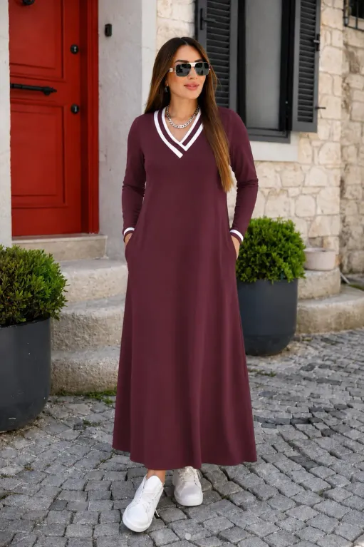 Kadın Uzun Kollu V Yakalı Cepli Uzun Viskon Iki Iplik Elbise - 2XL-3XL - Bordo