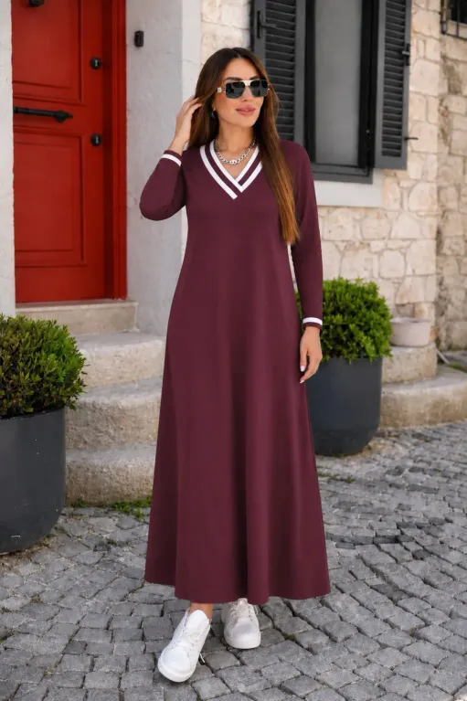 Kadın Uzun Kollu V Yakalı Cepli Uzun Viskon Iki Iplik Elbise - 2XL-3XL - Bordo