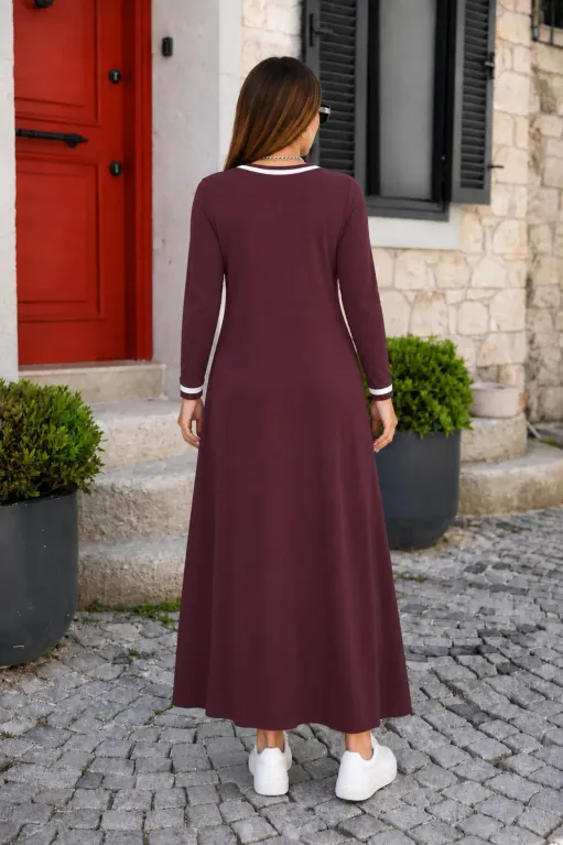 Kadın Uzun Kollu V Yakalı Cepli Uzun Viskon Iki Iplik Elbise - 2XL-3XL - Bordo