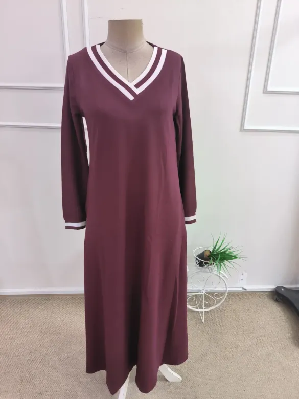 Kadın Uzun Kollu V Yakalı Cepli Uzun Viskon Iki Iplik Elbise - 2XL-3XL - Bordo