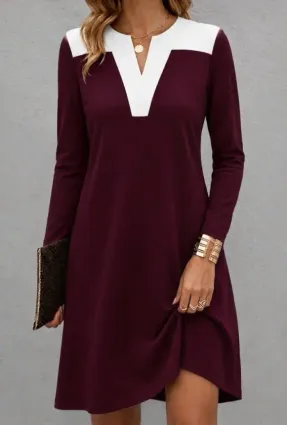 Kadın Uzun Kollu V Yakalı çift Renkli Viskon Iki Iplik Kısa Elbise - L-XL - Bordo