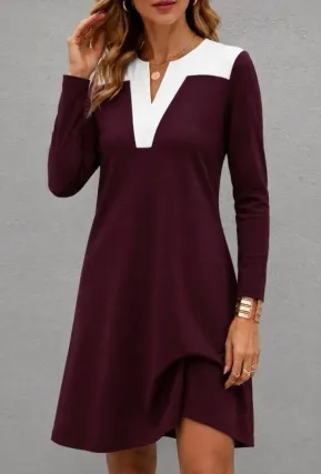 Kadın Uzun Kollu V Yakalı çift Renkli Viskon Iki Iplik Kısa Elbise - L-XL - Bordo