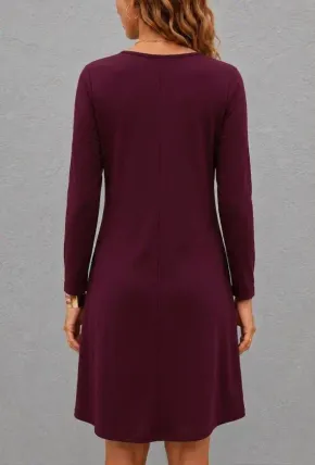 Kadın Uzun Kollu V Yakalı çift Renkli Viskon Iki Iplik Kısa Elbise - L-XL - Bordo