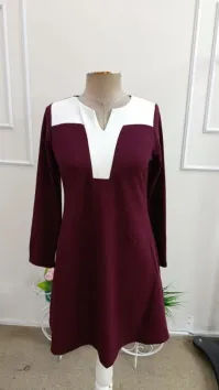 Kadın Uzun Kollu V Yakalı çift Renkli Viskon Iki Iplik Kısa Elbise - S-M - Bordo