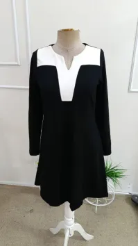 Kadın Uzun Kollu V Yakalı çift Renkli Viskon Iki Iplik Kısa Elbise - L-XL - Siyah