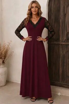 Kadın Uzun Kollu V Yakalı Dantelli Uzun Janjan Krep Elbise - L-XL - Bordo