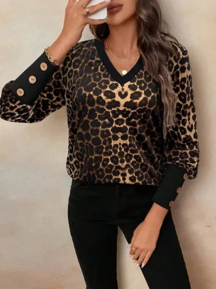 Kadın Uzun Kollu V Yakalı Desenli Süprem Bluz - L-XL - Leopar