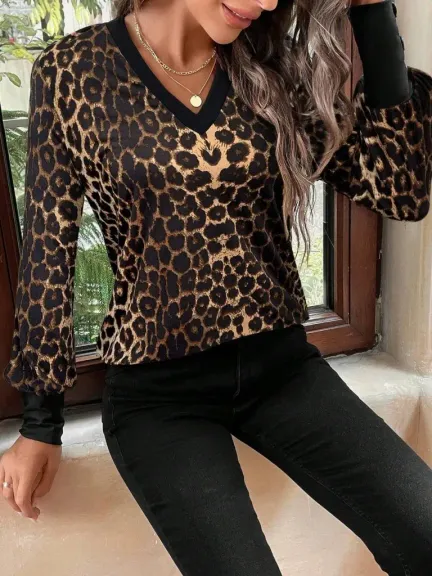 Kadın Uzun Kollu V Yakalı Desenli Süprem Bluz - L-XL - Leopar