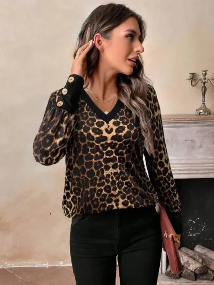 Kadın Uzun Kollu V Yakalı Desenli Süprem Bluz - S-M - Leopar