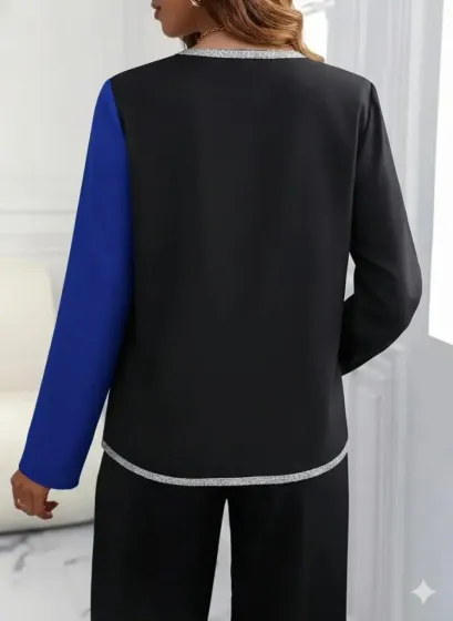 Kadın Uzun Kollu V Yakalı Pul Payet Işlemeli Ithal Krep Bluz - L-XL - Saks Mavi