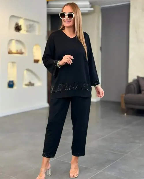 Kadın Uzun Kollu V Yakalı Pulpayet Viskon Iki Iplik Bluz Ve Pantolon Takım - L-XL - Siyah