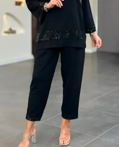 Kadın Uzun Kollu V Yakalı Pulpayet Viskon Iki Iplik Bluz Ve Pantolon Takım - L-XL - Siyah