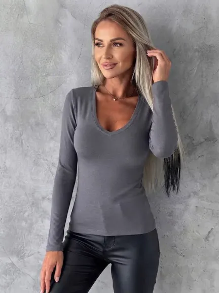 Kadın Uzun Kollu V Yakalı Viskon Bluz - L-XL - Gri