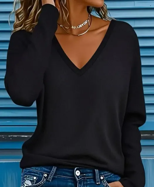 Kadın Uzun Kollu V Yakalı Viskon Iki Iplik Bluz - L-XL - Siyah